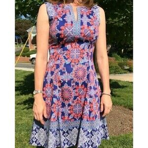 Adorne Dress Size 8 Paisley Sleeveless Zip V Neck Cotton Lined